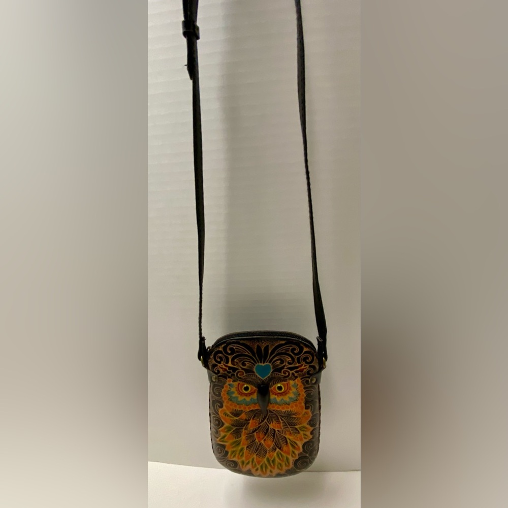 Blue Heart Owl Cross-body Purse Hand tooled Leather Multicolored - Picture 13 of 16
